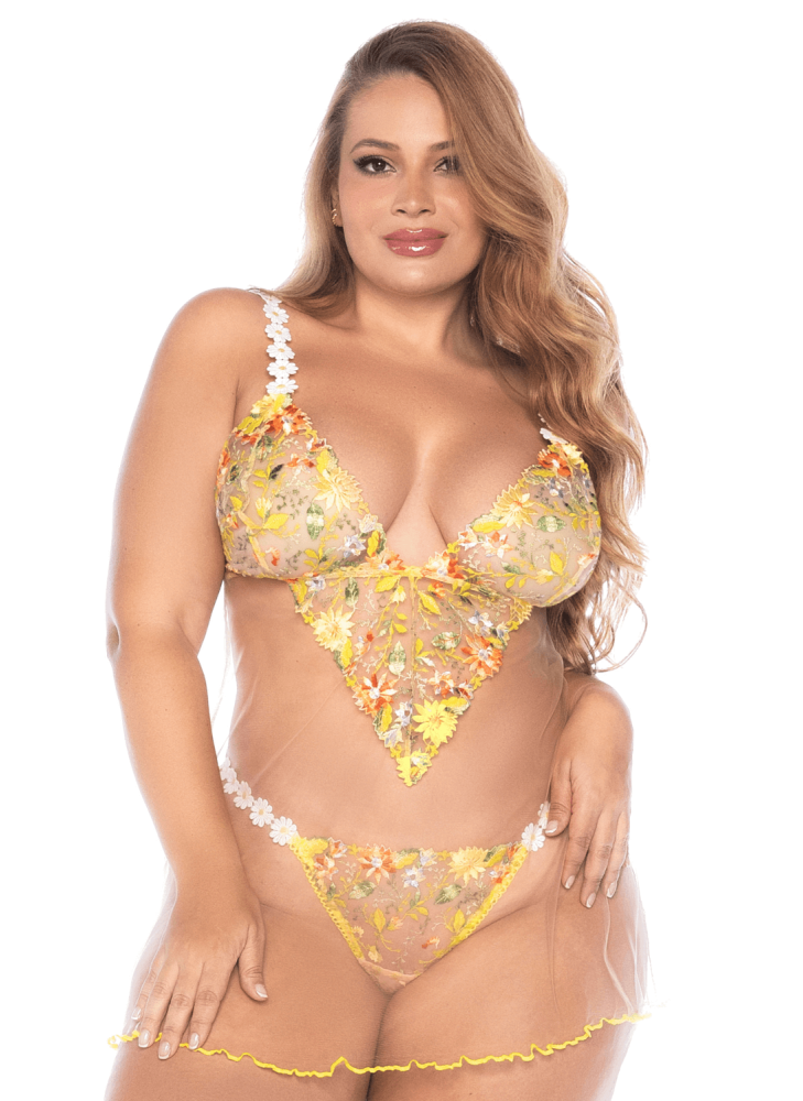 Nuisette grande taille transparente brodée jaune et string - MAL7608XSUBS